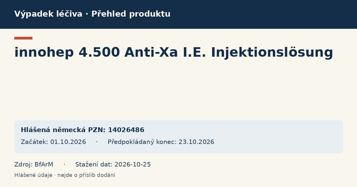 innohep 4.500 Anti-Xa I.E. Injektionslösung: přehled německého výpadku s hlášenými baleními a obdobím (BfArM) innohep 4.500 Anti-Xa I.E. Injektionslösung: přehled německého výpadku s hlášenými baleními a obdobím (BfArM)