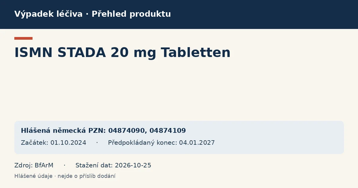 ISMN STADA 20 mg Tabletten: přehled německého výpadku s hlášenými baleními a obdobím (BfArM) ISMN STADA 20 mg Tabletten: přehled německého výpadku s hlášenými baleními a obdobím (BfArM)