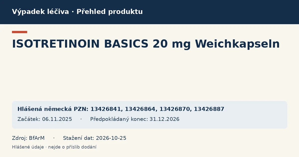ISOTRETINOIN BASICS 20 mg Weichkapseln: přehled německého výpadku s hlášenými baleními a obdobím (BfArM) ISOTRETINOIN BASICS 20 mg Weichkapseln: přehled německého výpadku s hlášenými baleními a obdobím (BfArM)