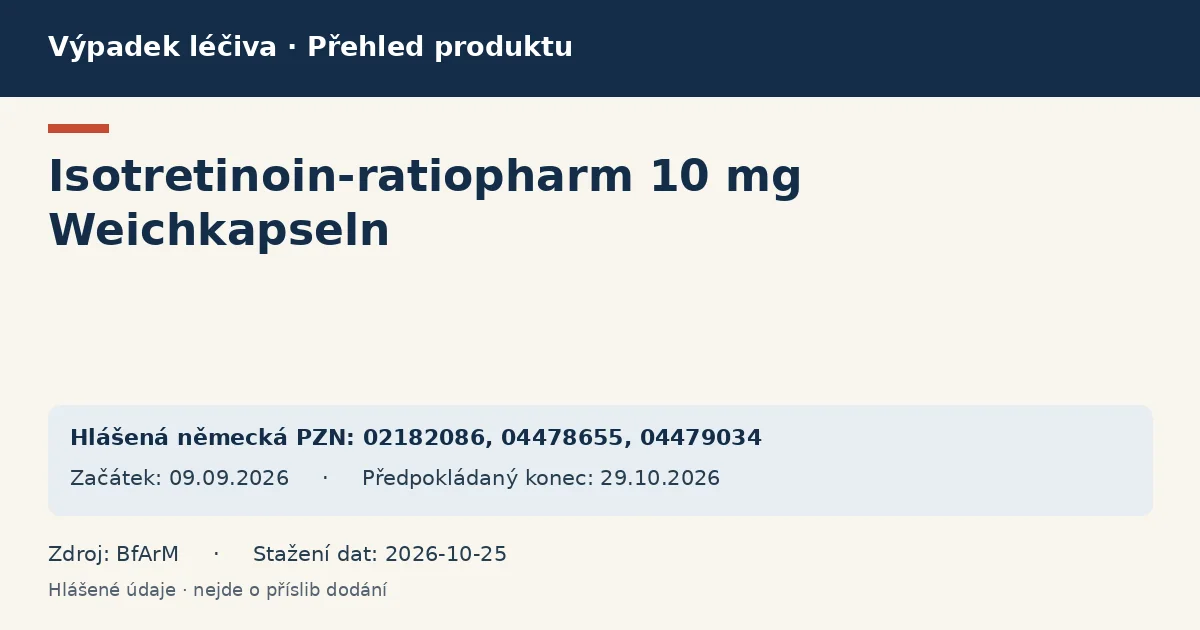Isotretinoin-ratiopharm 10 mg Weichkapseln: přehled německého výpadku s hlášenými baleními a obdobím (BfArM) Isotretinoin-ratiopharm 10 mg Weichkapseln: přehled německého výpadku s hlášenými baleními a obdobím (BfArM)