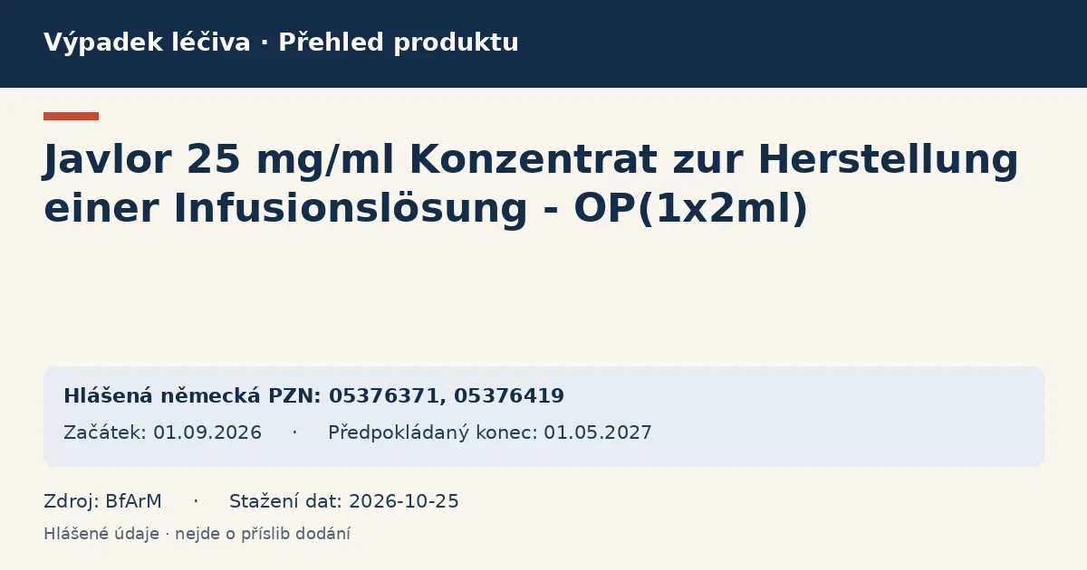 Javlor 25 mg/ml Konzentrat zur Herstellung einer Infusionslösung - OP(1x2ml): přehled německého výpadku s hlášenými baleními a obdobím (BfArM) Javlor 25 mg/ml Konzentrat zur Herstellung einer Infusionslösung - OP(1x2ml): přehled německého výpadku s hlášenými baleními a obdobím (BfArM)