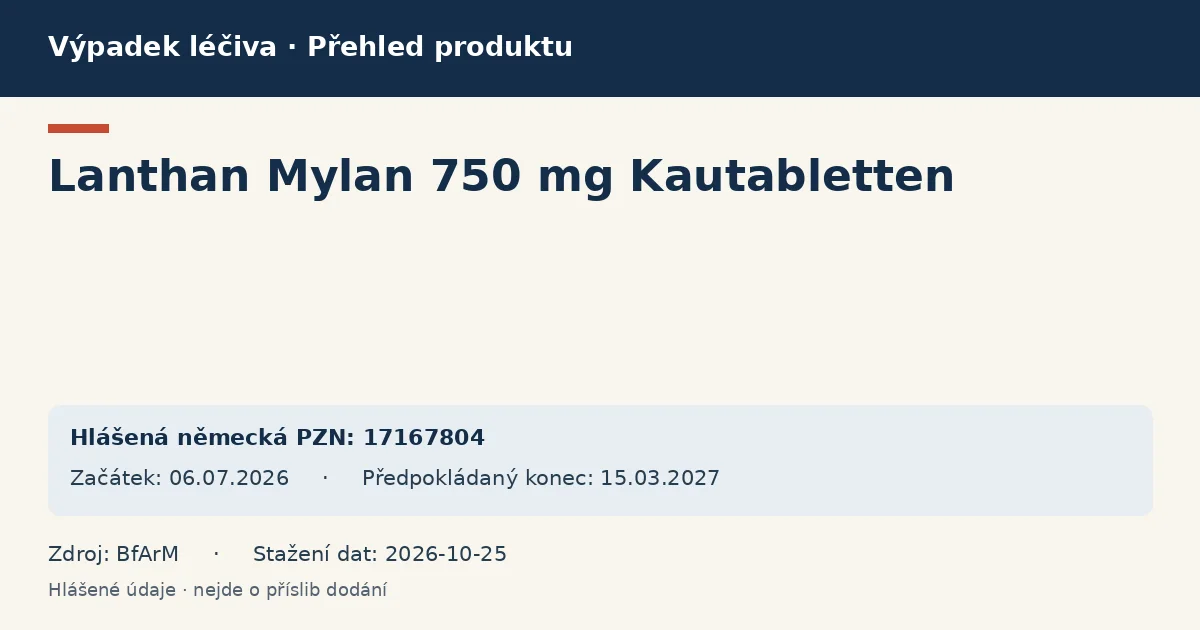 Lanthan Mylan 750 mg Kautabletten: přehled německého výpadku s hlášenými baleními a obdobím (BfArM)