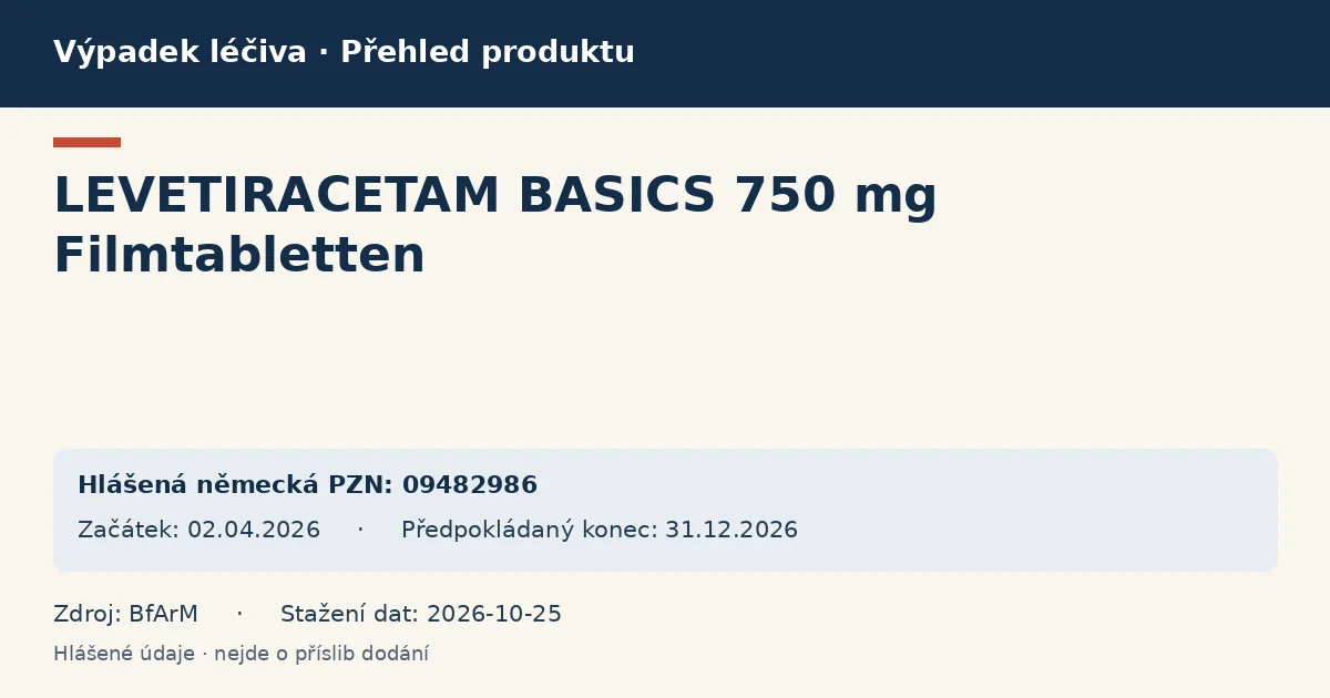 LEVETIRACETAM BASICS 750 mg Filmtabletten: přehled německého výpadku s hlášenými baleními a obdobím (BfArM)