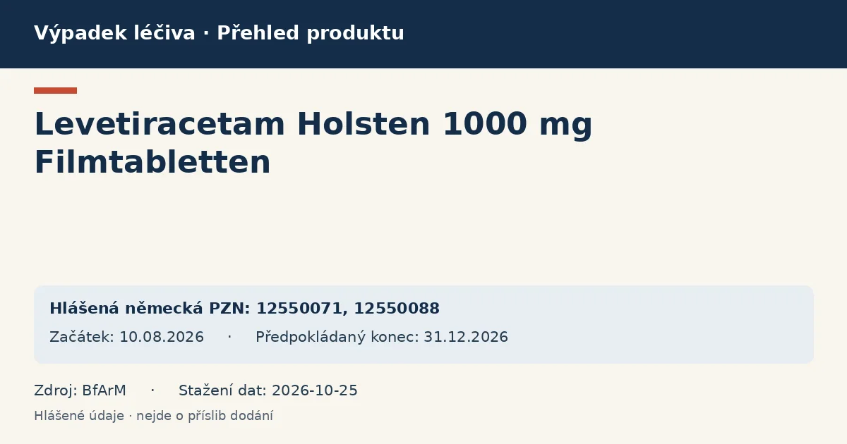Levetiracetam Holsten 1000 mg Filmtabletten: přehled německého výpadku s hlášenými baleními a obdobím (BfArM) Levetiracetam Holsten 1000 mg Filmtabletten: přehled německého výpadku s hlášenými baleními a obdobím (BfArM)