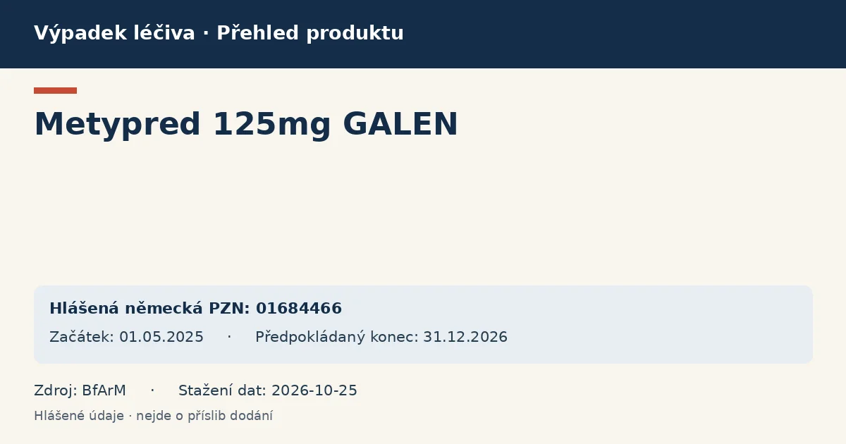 Metypred 125mg GALEN: přehled německého výpadku s hlášenými baleními a obdobím (BfArM)