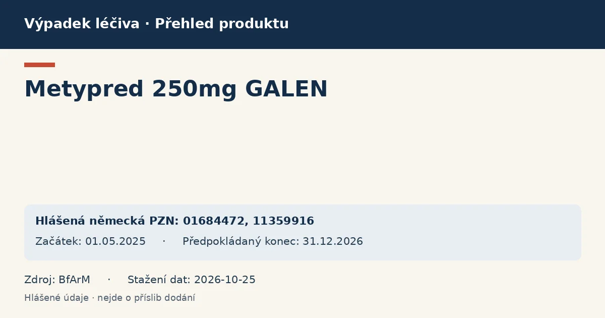 Metypred 250mg GALEN: přehled německého výpadku s hlášenými baleními a obdobím (BfArM)