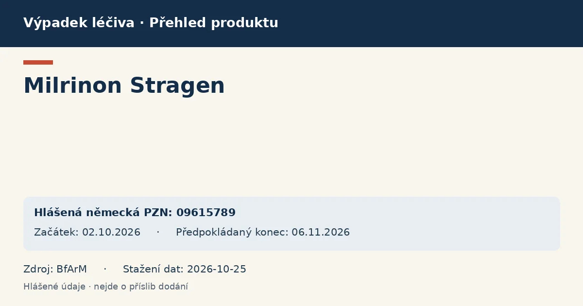 Milrinon Stragen: přehled německého výpadku s hlášenými baleními a obdobím (BfArM) Milrinon Stragen: přehled německého výpadku s hlášenými baleními a obdobím (BfArM)