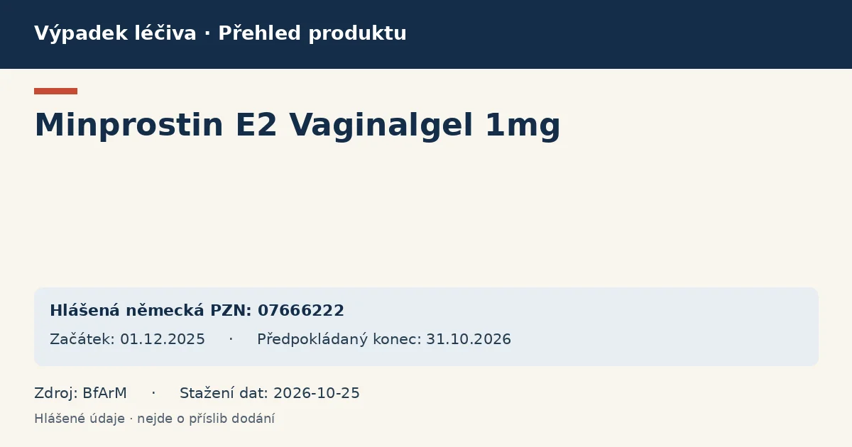 Minprostin E2 Vaginalgel 1mg: přehled německého výpadku s hlášenými baleními a obdobím (BfArM)