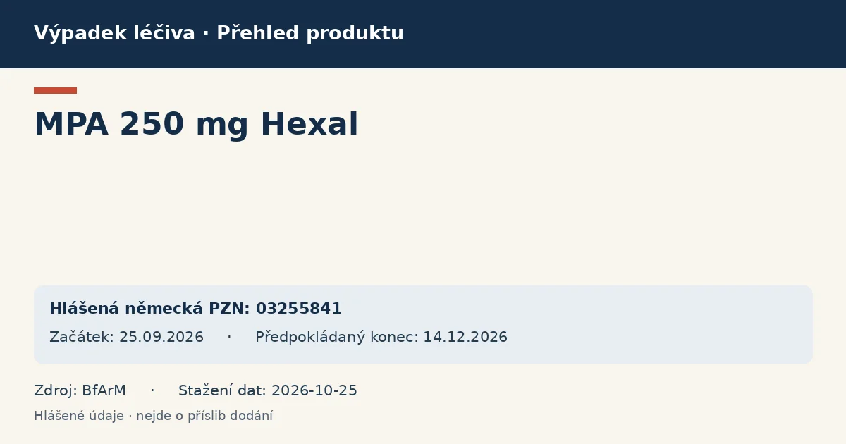 MPA 250 mg Hexal: přehled německého výpadku s hlášenými baleními a obdobím (BfArM) MPA 250 mg Hexal: přehled německého výpadku s hlášenými baleními a obdobím (BfArM)