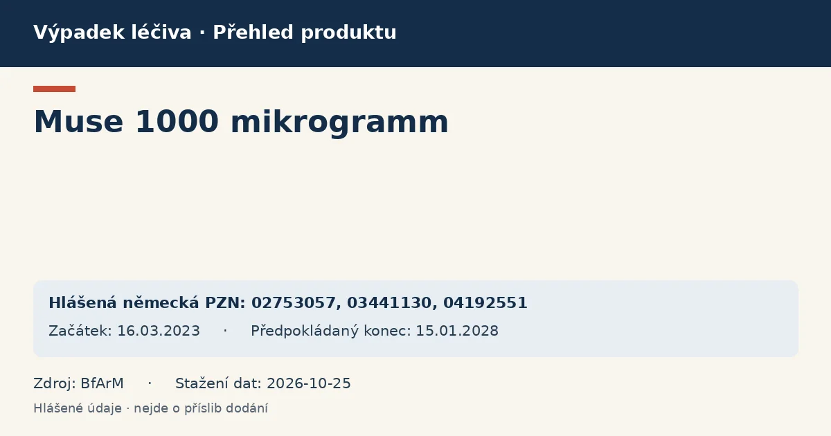 Muse 1000 mikrogramm: přehled německého výpadku s hlášenými baleními a obdobím (BfArM) Muse 1000 mikrogramm: přehled německého výpadku s hlášenými baleními a obdobím (BfArM)