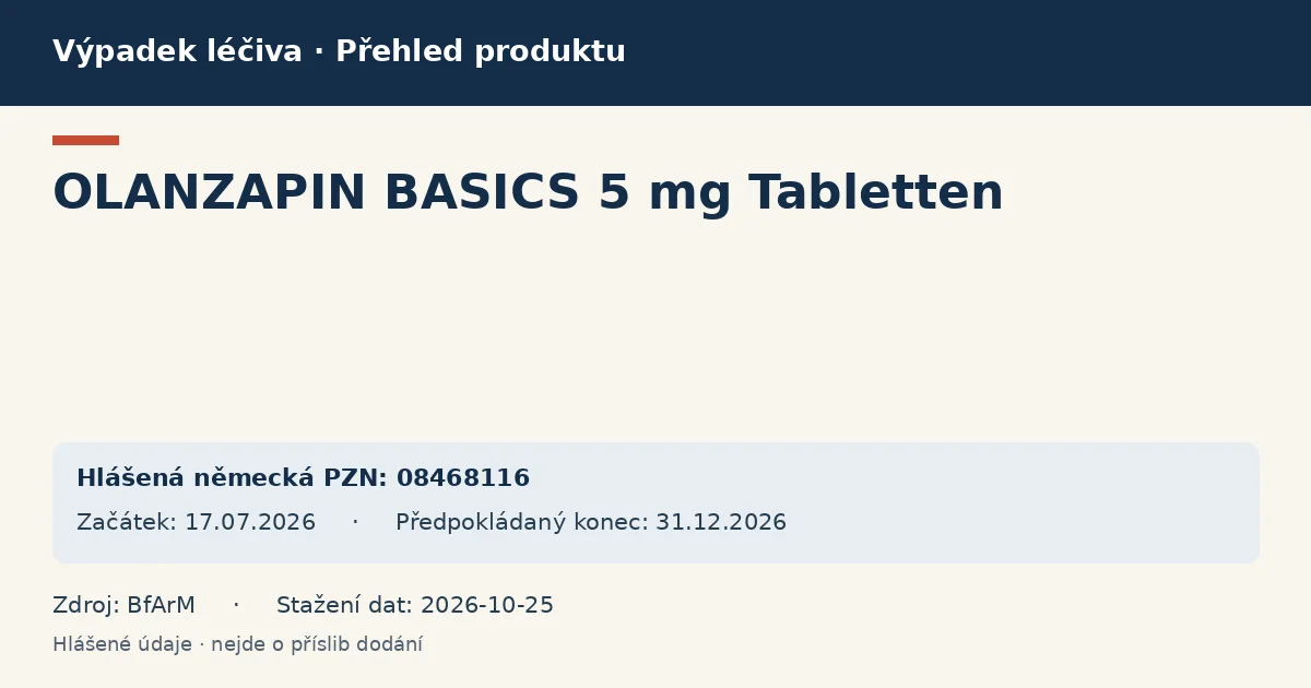 OLANZAPIN BASICS 5 mg Tabletten: přehled německého výpadku s hlášenými baleními a obdobím (BfArM) OLANZAPIN BASICS 5 mg Tabletten: přehled německého výpadku s hlášenými baleními a obdobím (BfArM)