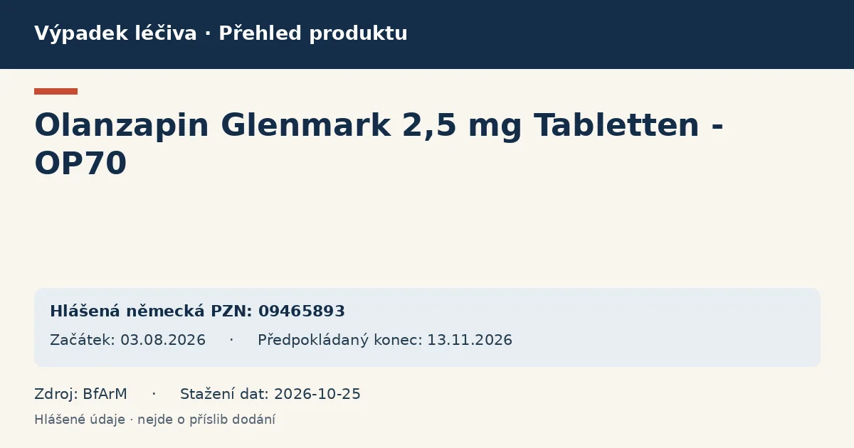 Olanzapin Glenmark 2,5 mg Tabletten - OP70: přehled německého výpadku s hlášenými baleními a obdobím (BfArM)