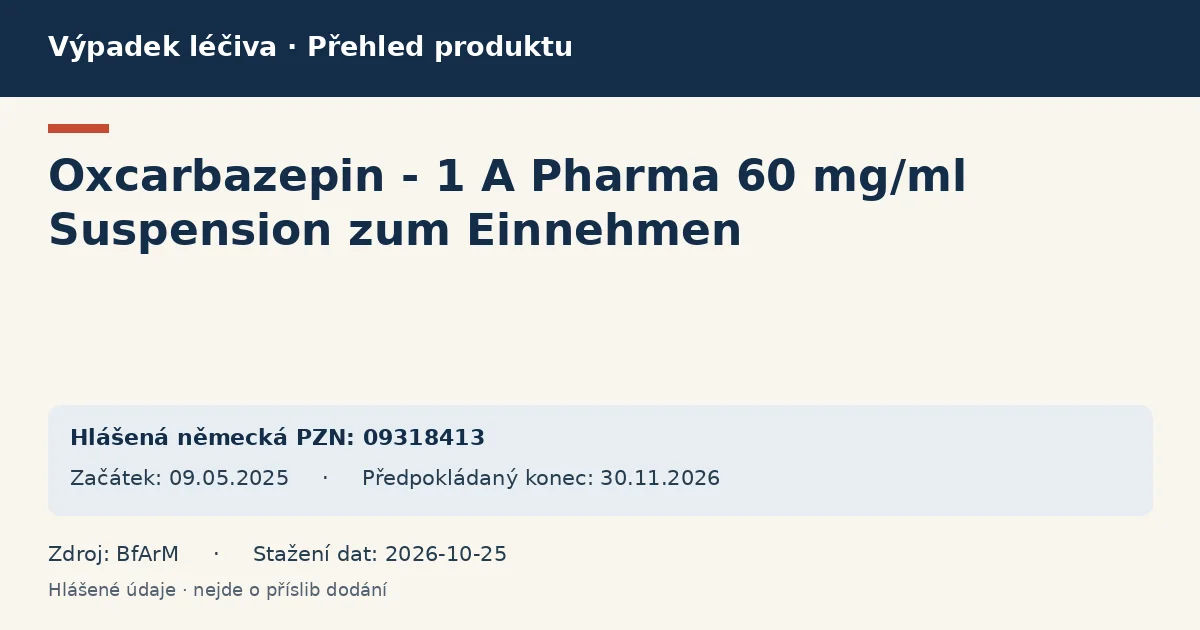 Oxcarbazepin - 1 A Pharma 60 mg/ml Suspension zum Einnehmen: přehled německého výpadku s hlášenými baleními a obdobím (BfArM) Oxcarbazepin - 1 A Pharma 60 mg/ml Suspension zum Einnehmen: přehled německého výpadku s hlášenými baleními a obdobím (BfArM)