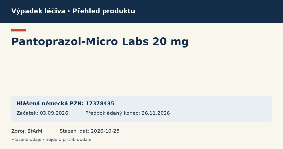 Pantoprazol-Micro Labs 20 mg: přehled německého výpadku s hlášenými baleními a obdobím (BfArM) Pantoprazol-Micro Labs 20 mg: přehled německého výpadku s hlášenými baleními a obdobím (BfArM)