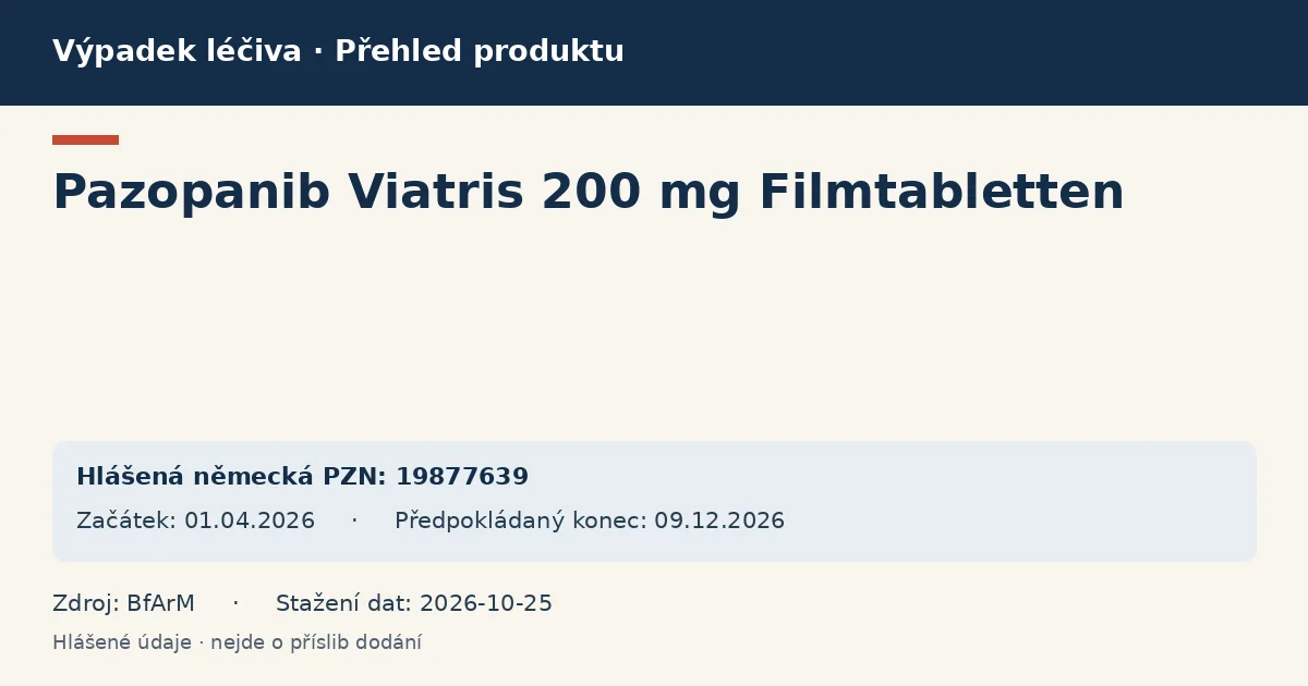 Pazopanib Viatris 200 mg Filmtabletten: přehled německého výpadku s hlášenými baleními a obdobím (BfArM) Pazopanib Viatris 200 mg Filmtabletten: přehled německého výpadku s hlášenými baleními a obdobím (BfArM)