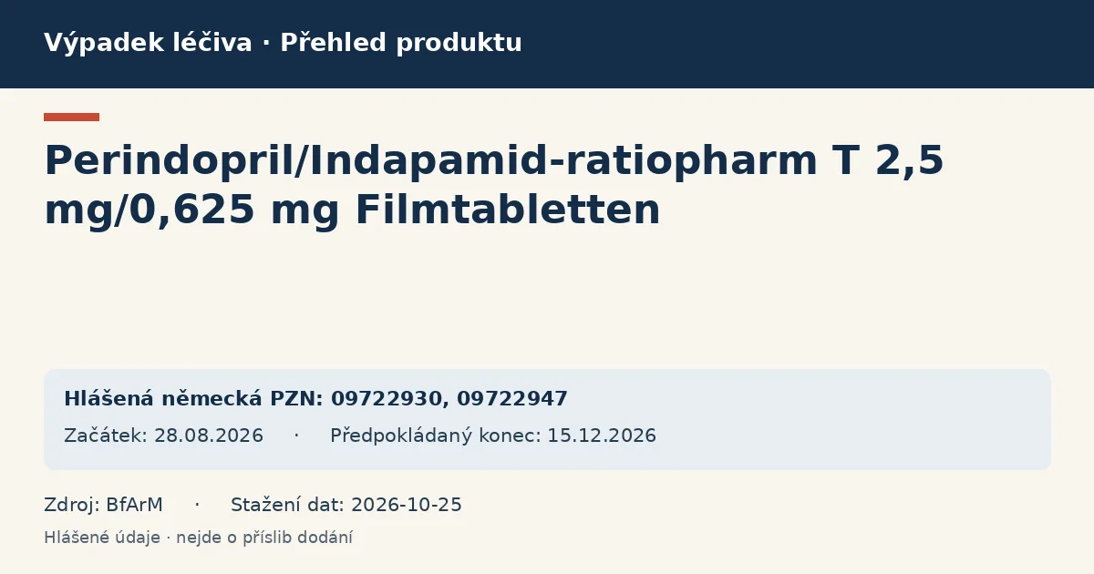 Perindopril/Indapamid-ratiopharm T 2,5 mg/0,625 mg Filmtabletten: přehled německého výpadku s hlášenými baleními a obdobím (BfArM) Perindopril/Indapamid-ratiopharm T 2,5 mg/0,625 mg Filmtabletten: přehled německého výpadku s hlášenými baleními a obdobím (BfArM)