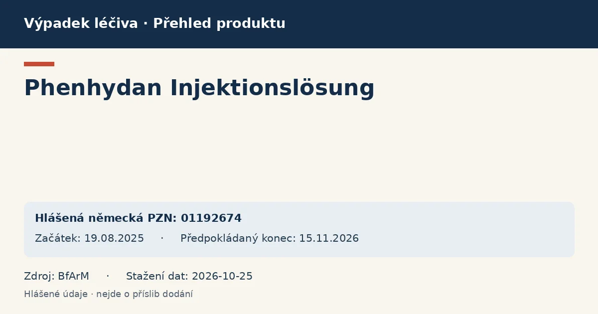 Phenhydan Injektionslösung: přehled německého výpadku s hlášenými baleními a obdobím (BfArM)