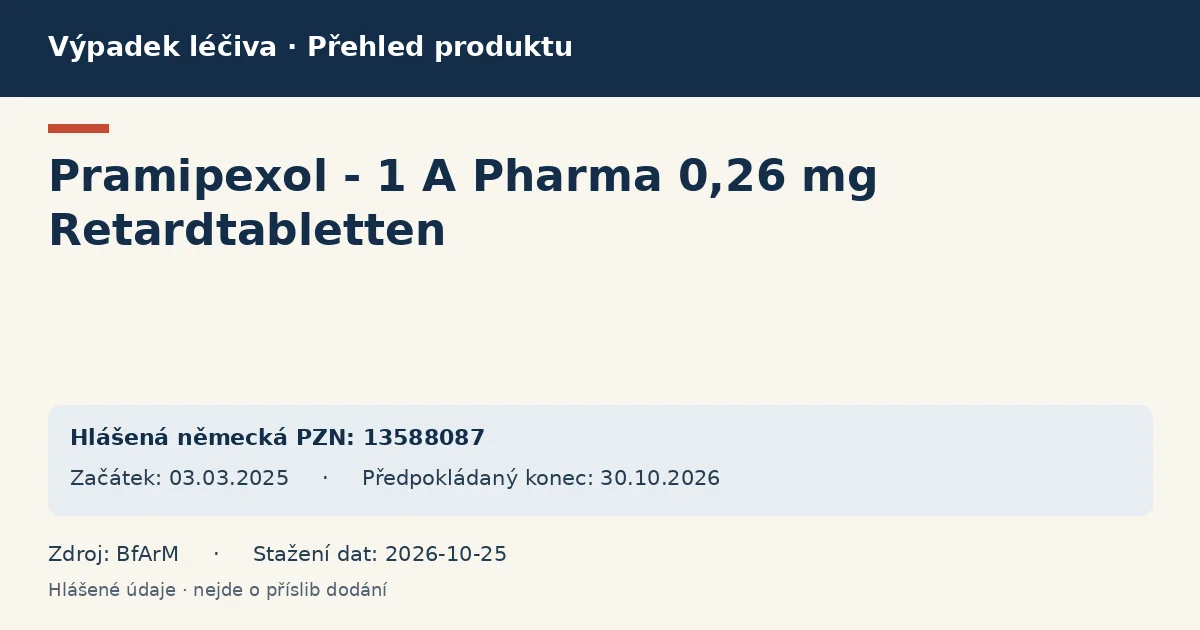 Pramipexol - 1 A Pharma 0,26 mg Retardtabletten: přehled německého výpadku s hlášenými baleními a obdobím (BfArM)
