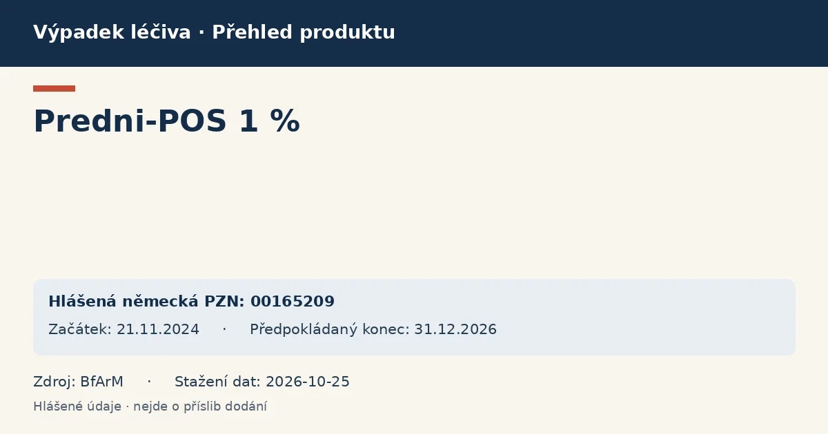 Predni-POS 1 %: přehled německého výpadku s hlášenými baleními a obdobím (BfArM) Predni-POS 1 %: přehled německého výpadku s hlášenými baleními a obdobím (BfArM)