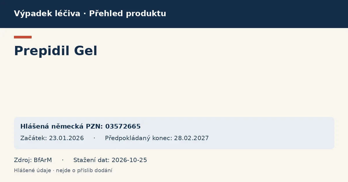 Prepidil Gel: přehled německého výpadku s hlášenými baleními a obdobím (BfArM) Prepidil Gel: přehled německého výpadku s hlášenými baleními a obdobím (BfArM)