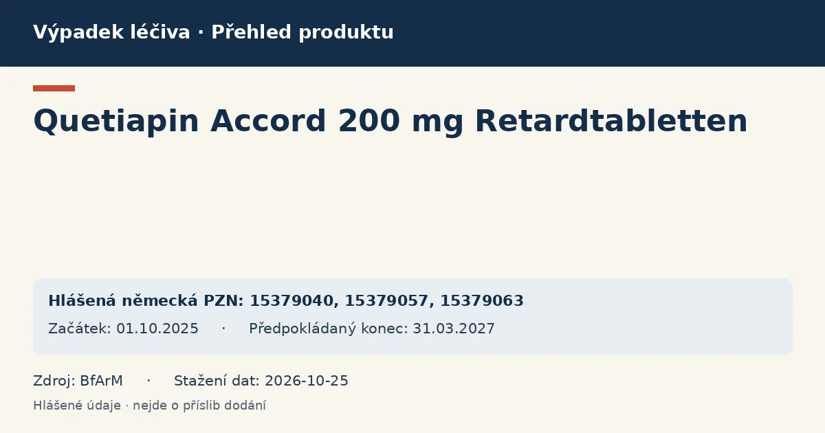 Quetiapin Accord 200 mg Retardtabletten: přehled německého výpadku s hlášenými baleními a obdobím (BfArM)