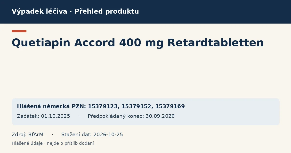 Quetiapin Accord 400 mg Retardtabletten: přehled německého výpadku s hlášenými baleními a obdobím (BfArM)