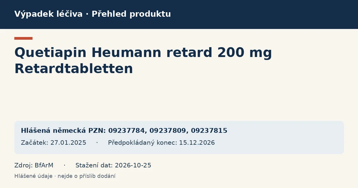 Quetiapin Heumann retard 200 mg Retardtabletten: přehled německého výpadku s hlášenými baleními a obdobím (BfArM)
