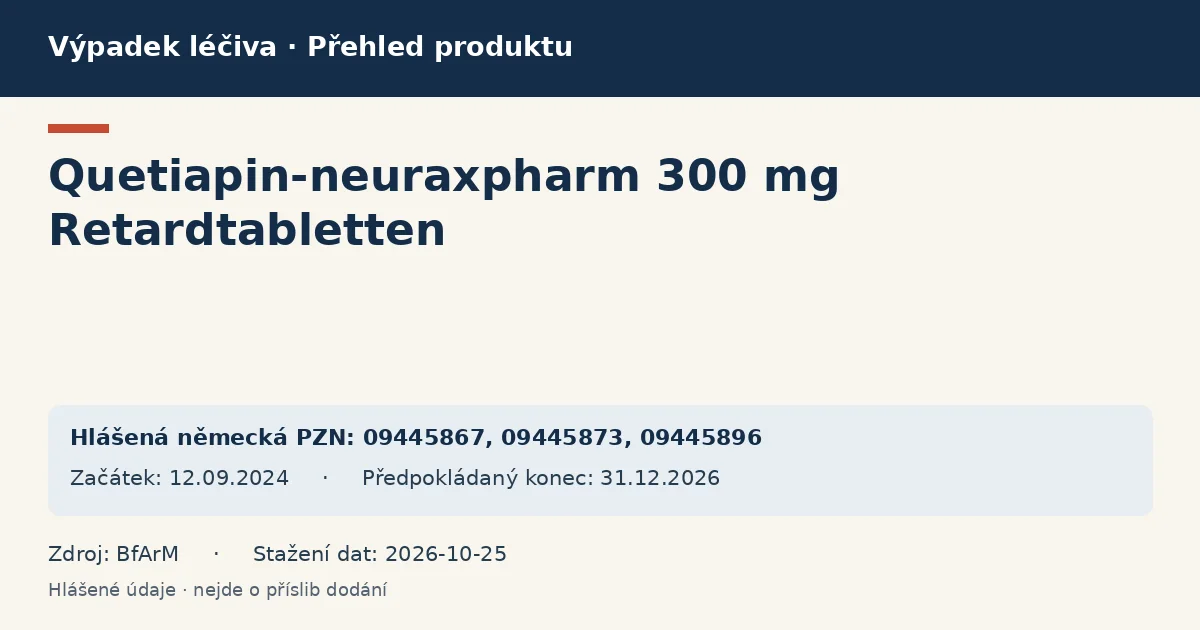 Quetiapin-neuraxpharm 300 mg Retardtabletten: přehled německého výpadku s hlášenými baleními a obdobím (BfArM)