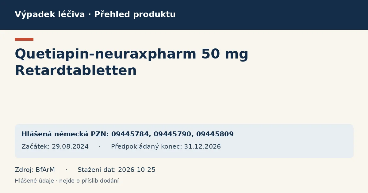 Quetiapin-neuraxpharm 50 mg Retardtabletten: přehled německého výpadku s hlášenými baleními a obdobím (BfArM)
