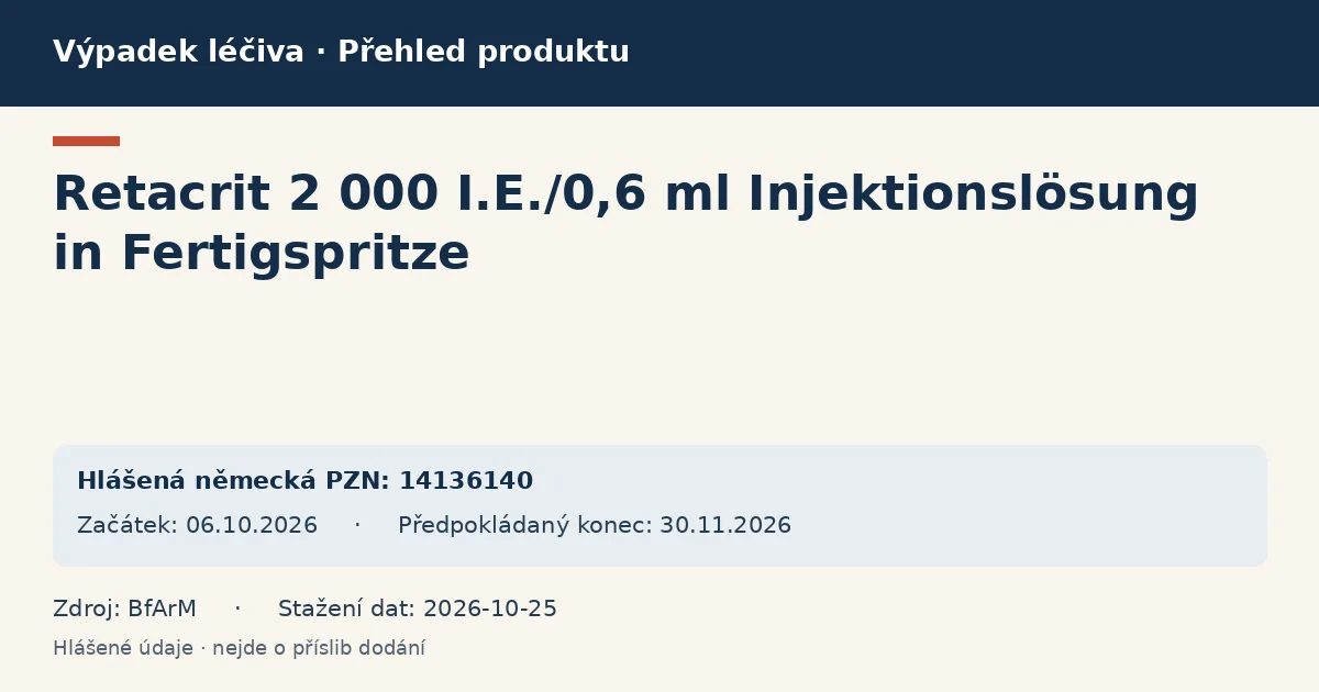 Retacrit 2 000 I.E./0,6 ml Injektionslösung in Fertigspritze: přehled německého výpadku s hlášenými baleními a obdobím (BfArM) Retacrit 2 000 I.E./0,6 ml Injektionslösung in Fertigspritze: přehled německého výpadku s hlášenými baleními a obdobím (BfArM)