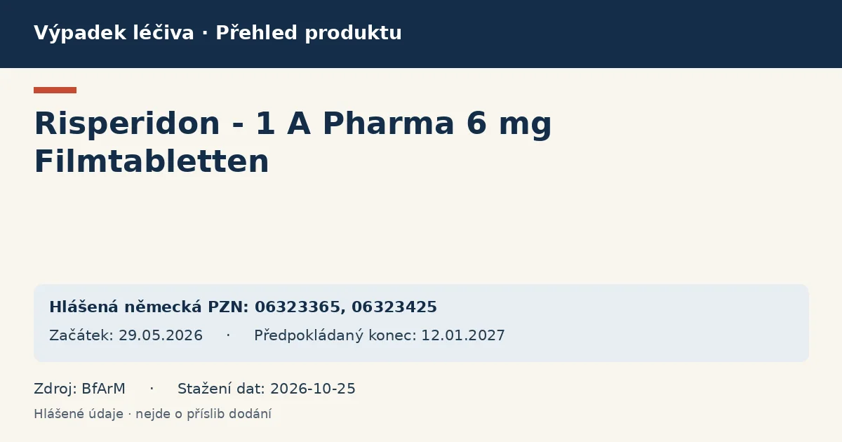Risperidon - 1 A Pharma 6 mg Filmtabletten: přehled německého výpadku s hlášenými baleními a obdobím (BfArM) Risperidon - 1 A Pharma 6 mg Filmtabletten: přehled německého výpadku s hlášenými baleními a obdobím (BfArM)