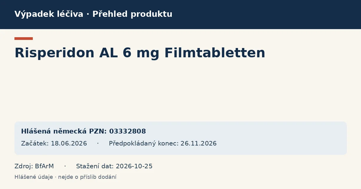 Risperidon AL 6 mg Filmtabletten: přehled německého výpadku s hlášenými baleními a obdobím (BfArM) Risperidon AL 6 mg Filmtabletten: přehled německého výpadku s hlášenými baleními a obdobím (BfArM)