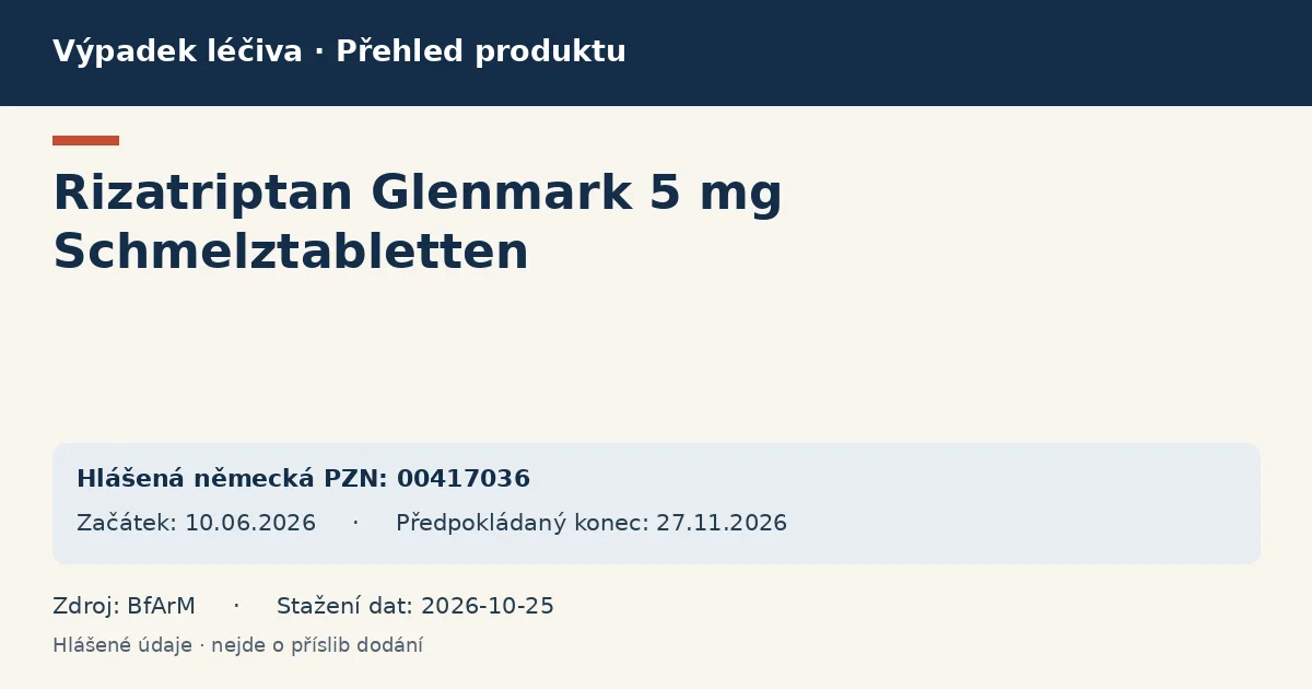 Rizatriptan Glenmark 5 mg Schmelztabletten: přehled německého výpadku s hlášenými baleními a obdobím (BfArM) Rizatriptan Glenmark 5 mg Schmelztabletten: přehled německého výpadku s hlášenými baleními a obdobím (BfArM)