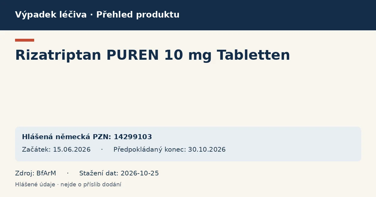 Rizatriptan PUREN 10 mg Tabletten: přehled německého výpadku s hlášenými baleními a obdobím (BfArM) Rizatriptan PUREN 10 mg Tabletten: přehled německého výpadku s hlášenými baleními a obdobím (BfArM)
