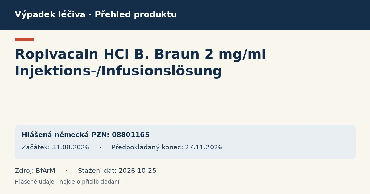 Ropivacain HCl B. Braun 2 mg/ml Injektions-/Infusionslösung: přehled německého výpadku s hlášenými baleními a obdobím (BfArM) Ropivacain HCl B. Braun 2 mg/ml Injektions-/Infusionslösung: přehled německého výpadku s hlášenými baleními a obdobím (BfArM)