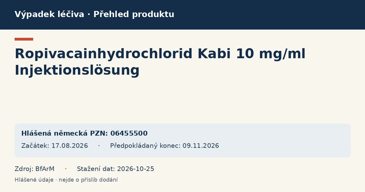 Ropivacainhydrochlorid Kabi 10 mg/ml Injektionslösung: přehled německého výpadku s hlášenými baleními a obdobím (BfArM)