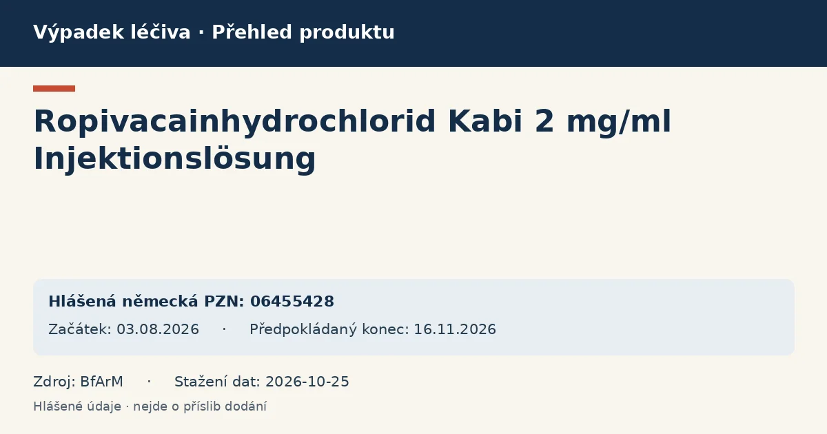 Ropivacainhydrochlorid Kabi 2 mg/ml Injektionslösung: přehled německého výpadku s hlášenými baleními a obdobím (BfArM)