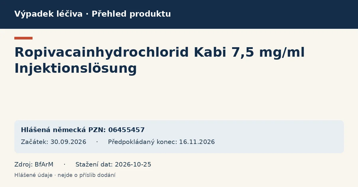 Ropivacainhydrochlorid Kabi 7,5 mg/ml Injektionslösung: přehled německého výpadku s hlášenými baleními a obdobím (BfArM)