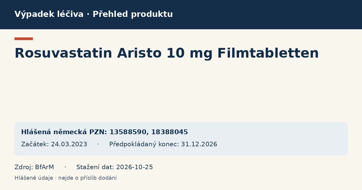 Rosuvastatin Aristo 10 mg Filmtabletten: přehled německého výpadku s hlášenými baleními a obdobím (BfArM)
