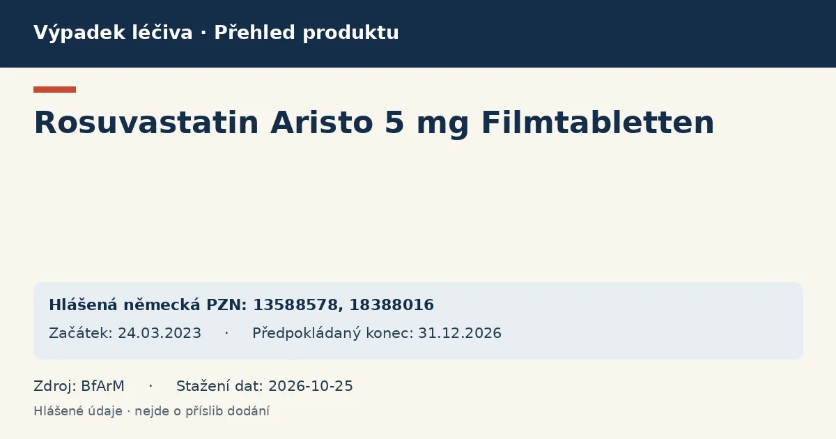 Rosuvastatin Aristo 5 mg Filmtabletten: přehled německého výpadku s hlášenými baleními a obdobím (BfArM)