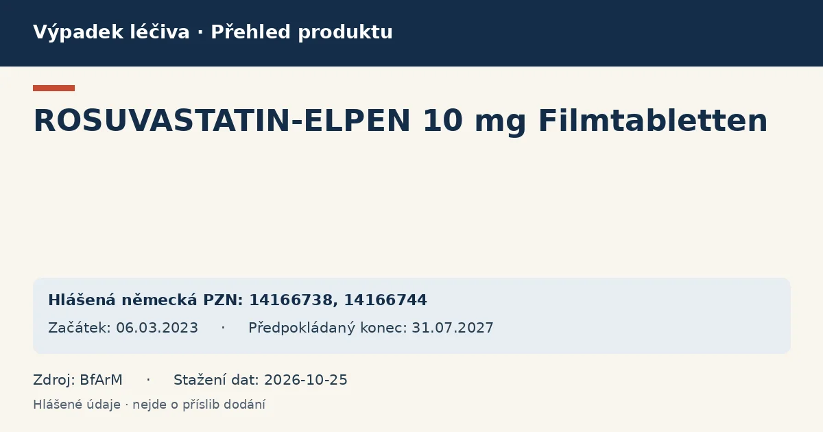 ROSUVASTATIN-ELPEN 10 mg Filmtabletten: přehled německého výpadku s hlášenými baleními a obdobím (BfArM)