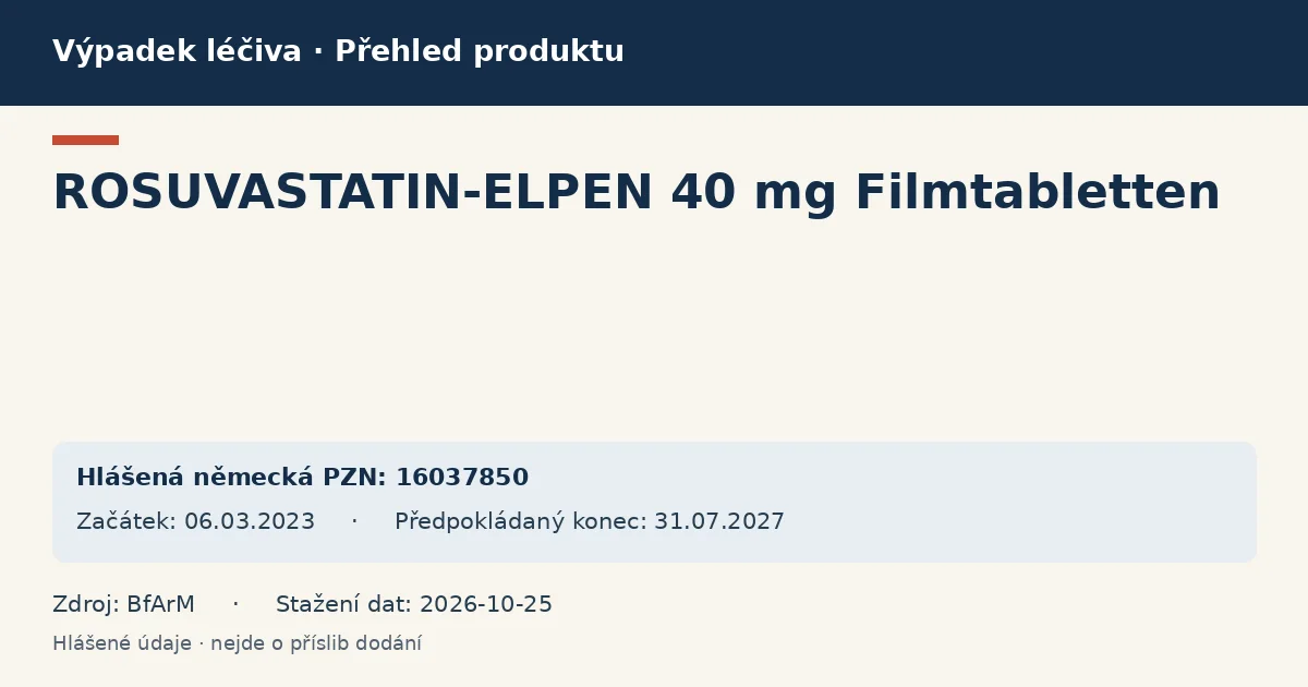 ROSUVASTATIN-ELPEN 40 mg Filmtabletten: přehled německého výpadku s hlášenými baleními a obdobím (BfArM)