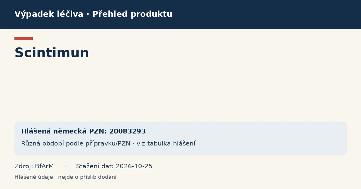 Scintimun: přehled německého výpadku s hlášenými baleními a obdobím (BfArM) Scintimun: přehled německého výpadku s hlášenými baleními a obdobím (BfArM)