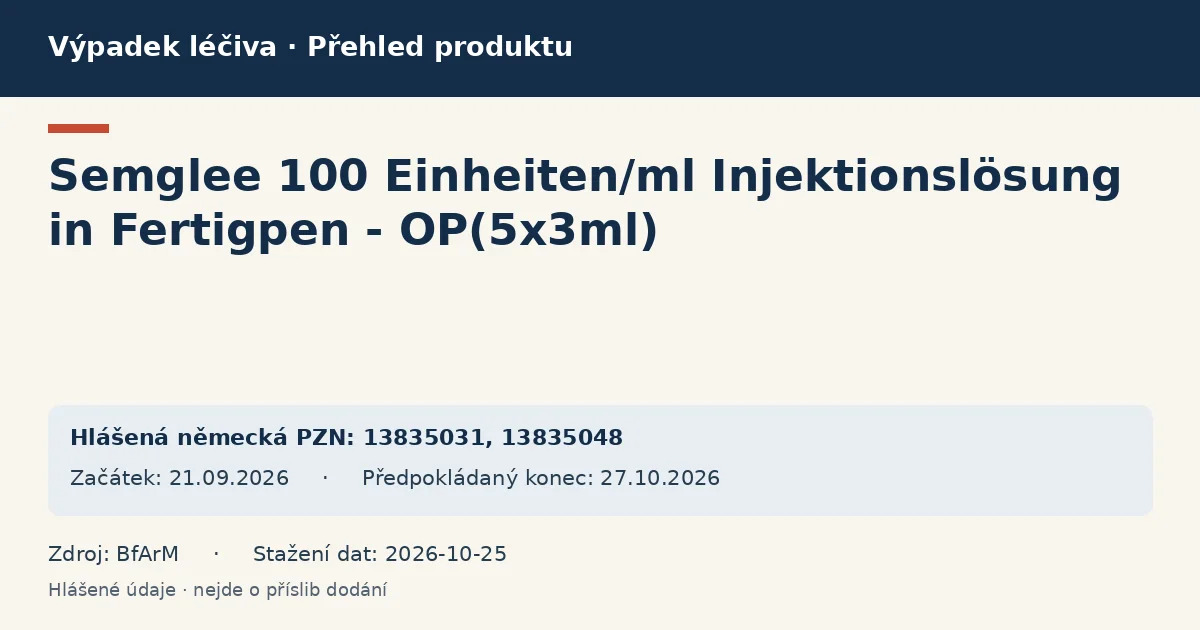 Semglee 100 Einheiten/ml Injektionslösung in Fertigpen - OP(5x3ml): přehled německého výpadku s hlášenými baleními a obdobím (BfArM) Semglee 100 Einheiten/ml Injektionslösung in Fertigpen - OP(5x3ml): přehled německého výpadku s hlášenými baleními a obdobím (BfArM)