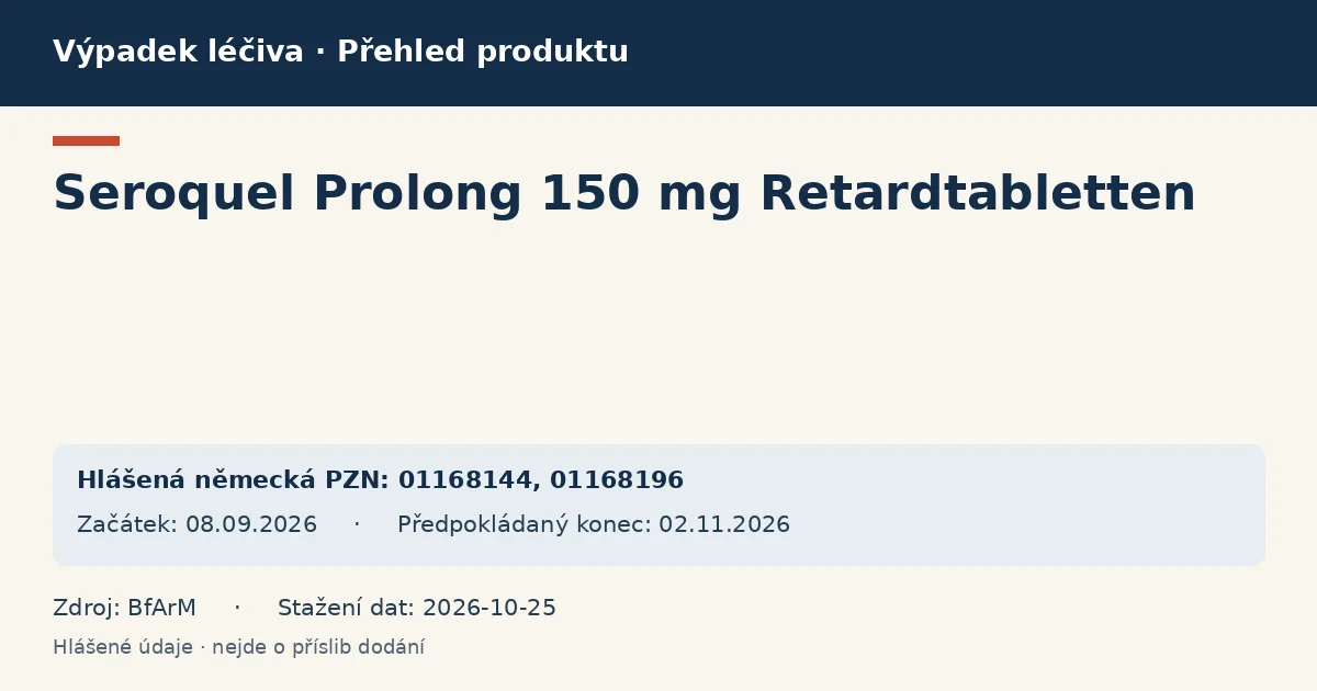 Seroquel Prolong 150 mg Retardtabletten: přehled německého výpadku s hlášenými baleními a obdobím (BfArM)