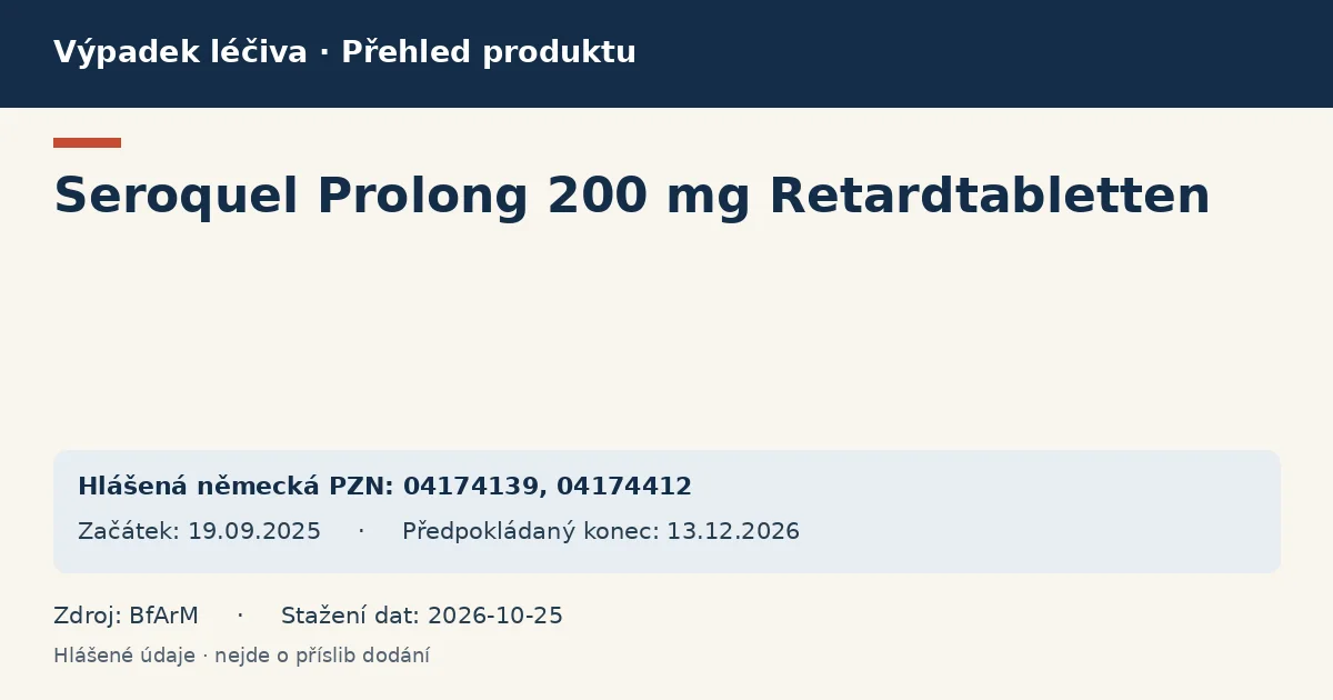 Seroquel Prolong 200 mg Retardtabletten: přehled německého výpadku s hlášenými baleními a obdobím (BfArM)