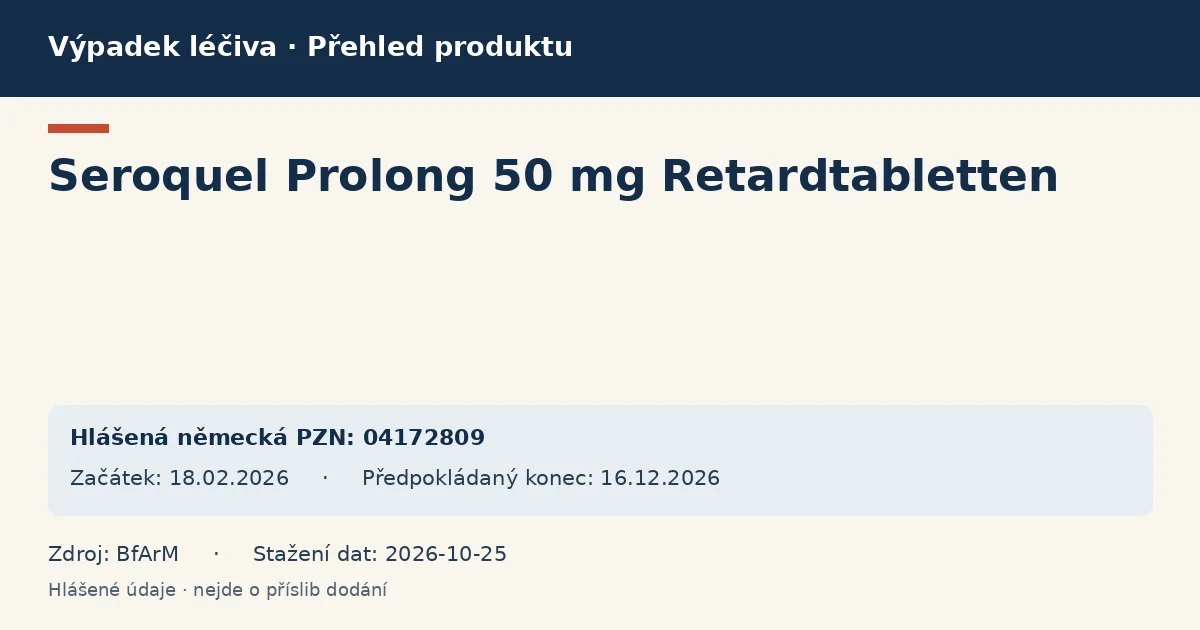 Seroquel Prolong 50 mg Retardtabletten: přehled německého výpadku s hlášenými baleními a obdobím (BfArM)