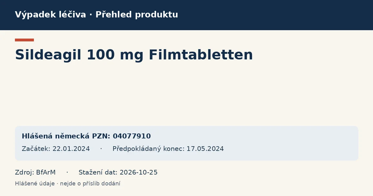 Sildeagil 100 mg Filmtabletten: přehled německého výpadku s hlášenými baleními a obdobím (BfArM) Sildeagil 100 mg Filmtabletten: přehled německého výpadku s hlášenými baleními a obdobím (BfArM)