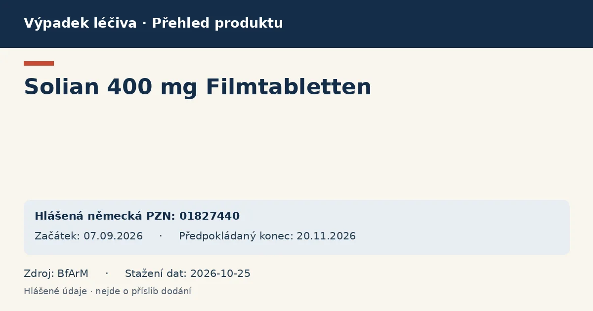 Solian 400 mg Filmtabletten: přehled německého výpadku s hlášenými baleními a obdobím (BfArM)