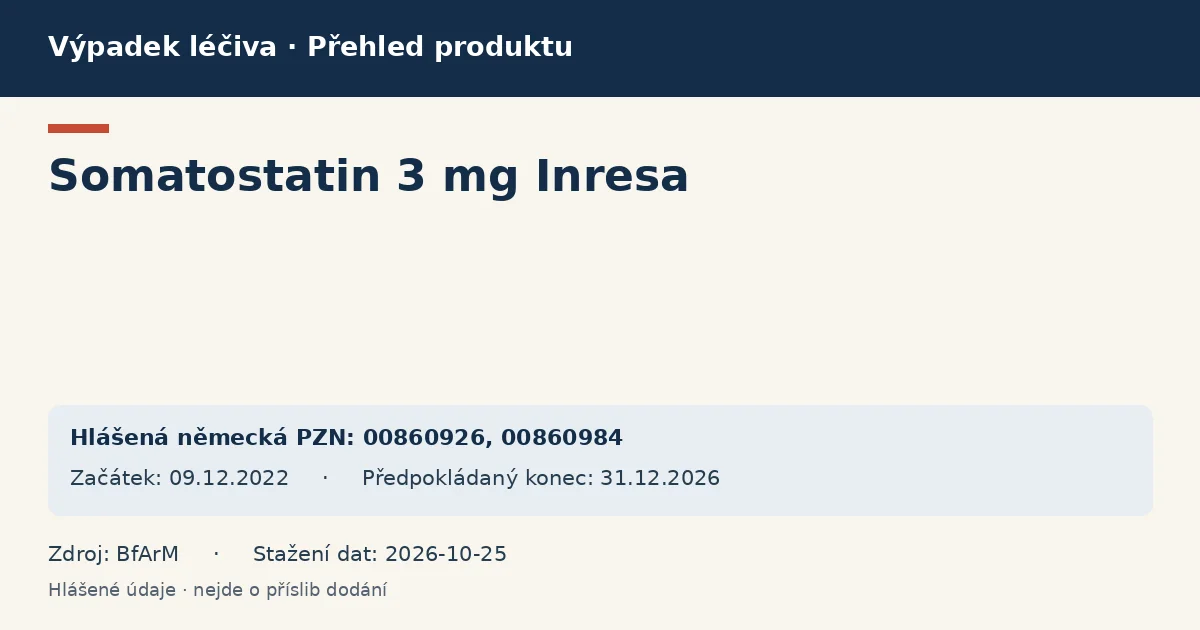 Somatostatin 3 mg Inresa: přehled německého výpadku s hlášenými baleními a obdobím (BfArM)